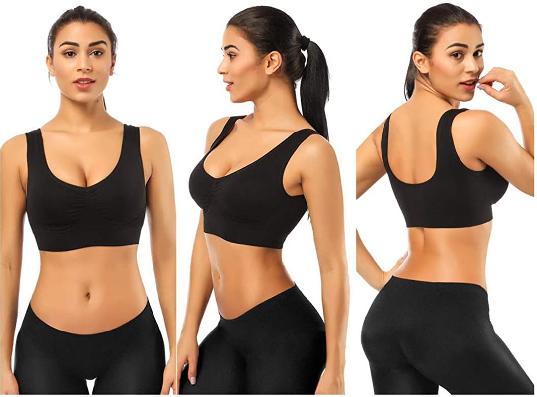 3 Pack Sports Bras for Women,Seamless Comfortable Bras Set with Removable Pads for Sleep,Pull on Closure,Black+White+Nude,S