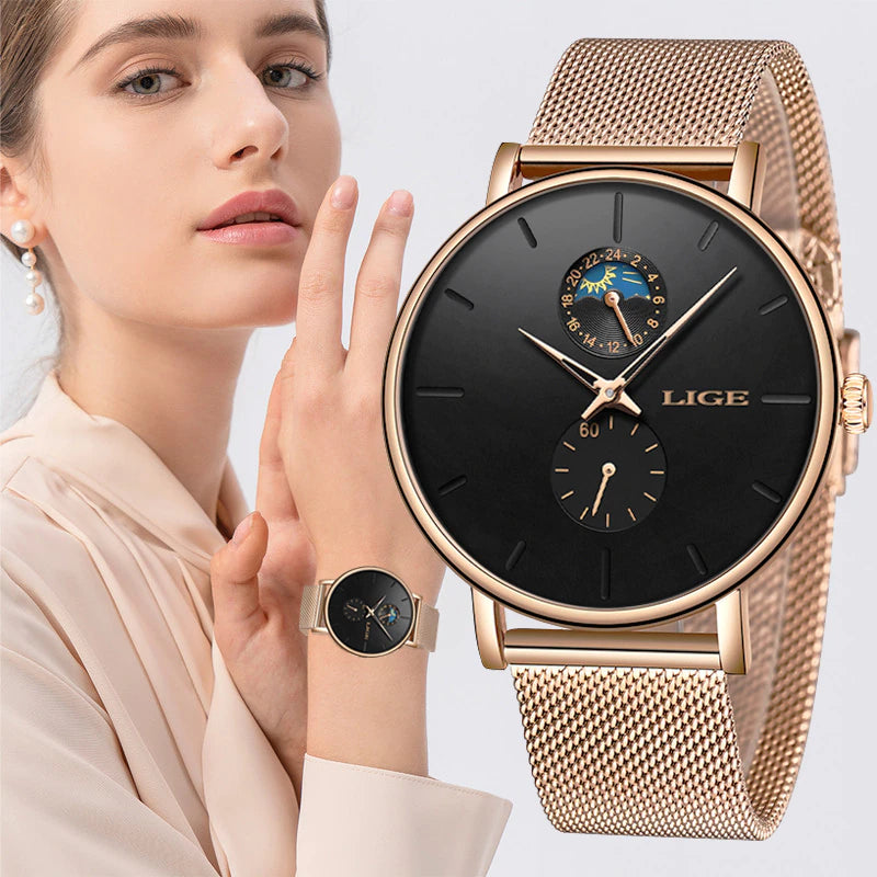 LIGE Womens Watches Top Brand Luxury Waterproof Watch Fashion Ladies Stainless Steel Ultra-Thin Casual Wrist Watch Quartz Clock