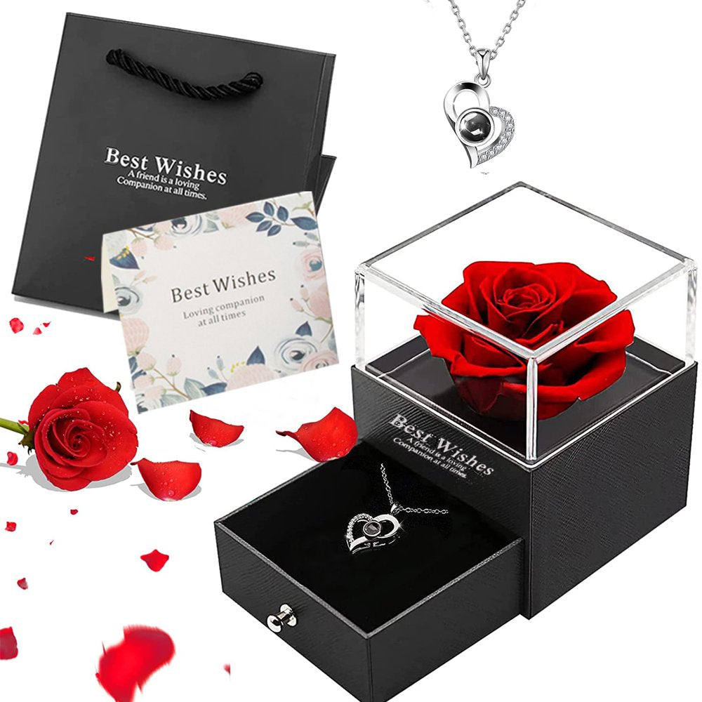 Best Gift for Woman, Preserved Red Real Rose with I Love You Necklace in 100 Languages, Romantic Gifts for Her on Mother'S Day, Birthday, Anniversary.