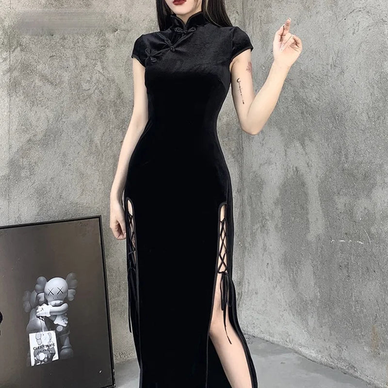 Goth Dark Romantic Gothic Velvet Aesthetic Dresses Vintage Women Black Bandage Slithem Bodycon Dress Sexy Evening Wear Cheongsam