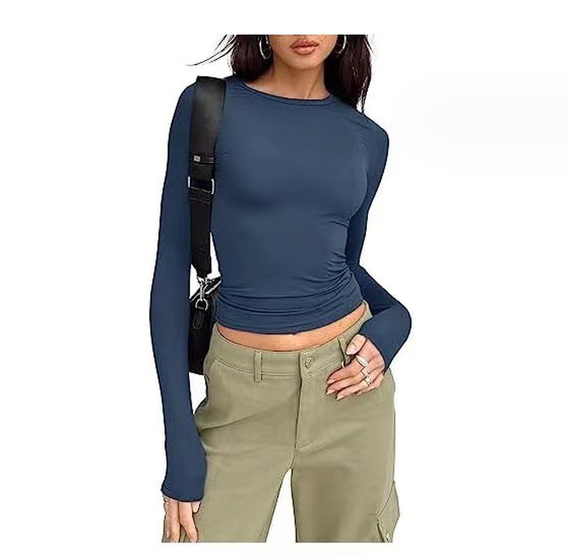 Women'S Clothing Fashion Slim Long-Sleeved Pullovers Tops Solid Causal Fit Shirts