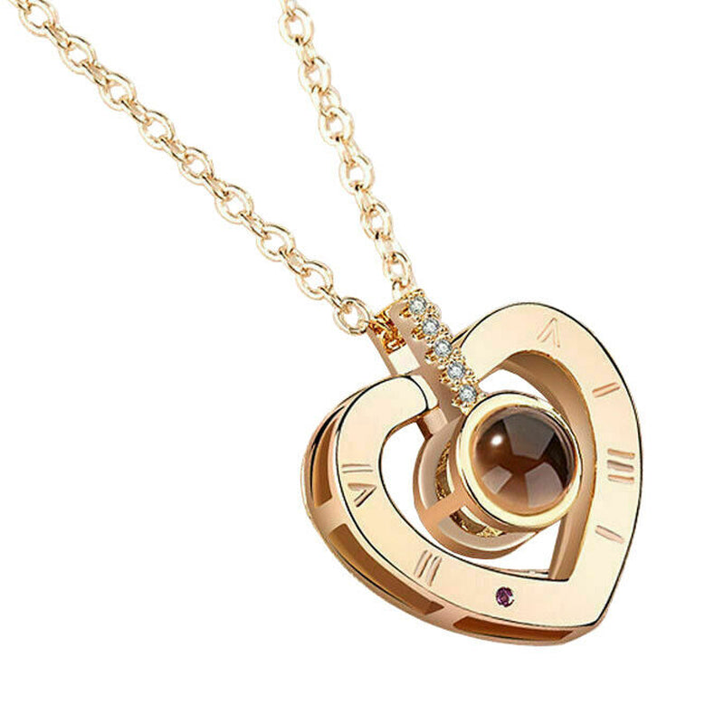 I LOVE YOU 100 Languages Projection Heart Silver/Gold Plated Love Necklace