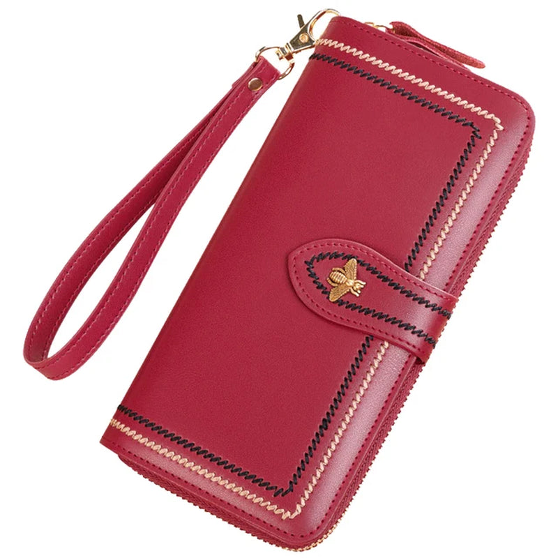 Genuine Leather Wallet Women Clutch Female Purse Long Money Bag Zipper Coin Wallet Bee Luxury Brand Wristlet Phone Hasp Wallets