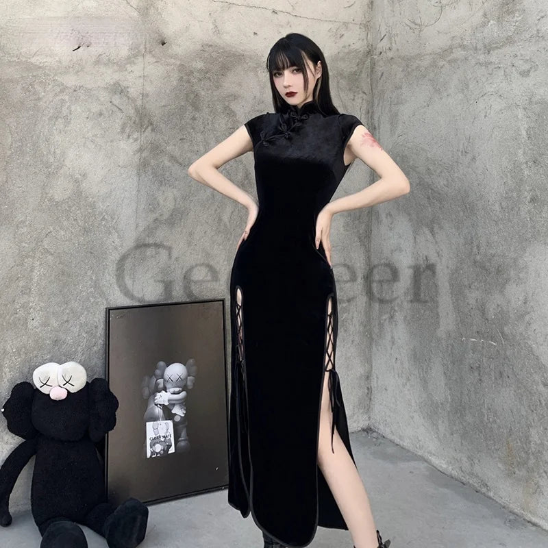 Goth Dark Romantic Gothic Velvet Aesthetic Dresses Vintage Women Black Bandage Slithem Bodycon Dress Sexy Evening Wear Cheongsam