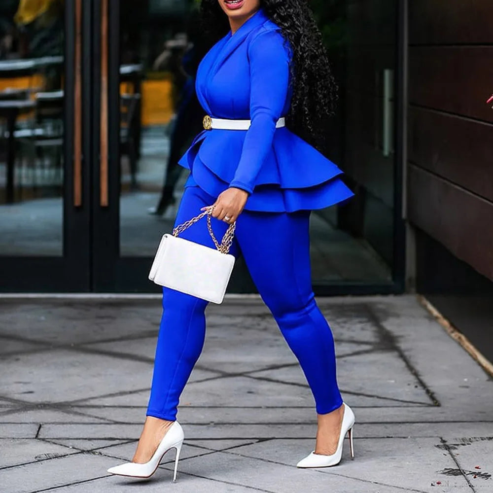 2022 Autuum Office Ladies Blue 2 Two Piece Set Top and Pants Suit Elegant Female Casual Business Matching Outfits Women Clothing