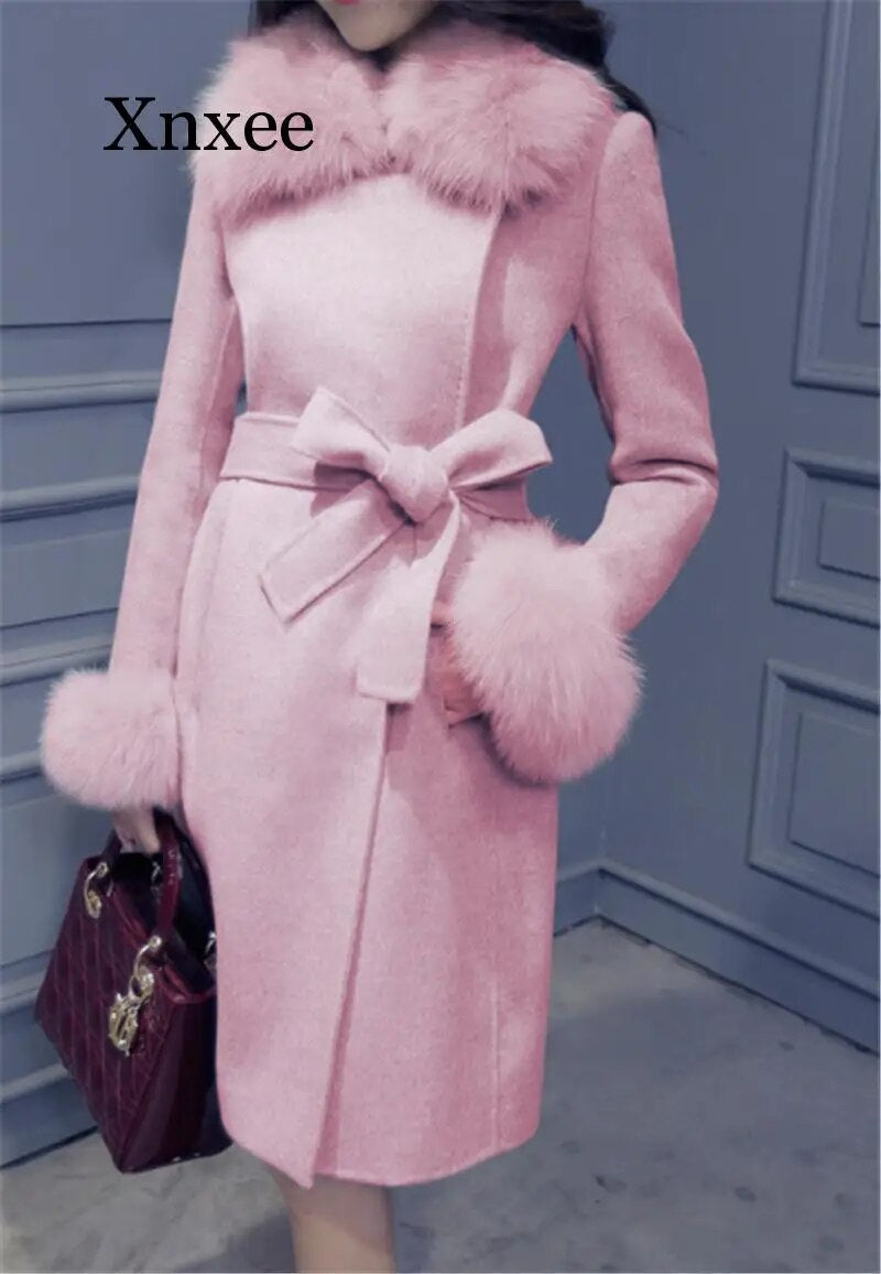 Winter Pink Elegant Jacket Ladies Elegant Gray Cashmere Jacket Belt Wool Jacket Cute Office Long Coat Fur Collar