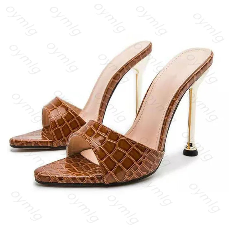 Summer Women Sandals Snake Print Strappy Mules High Heels Slippers Sandals Flip Flops Pointed Toe Slides Party Shoes Woman