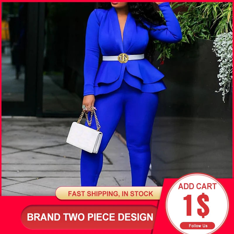 2022 Autuum Office Ladies Blue 2 Two Piece Set Top and Pants Suit Elegant Female Casual Business Matching Outfits Women Clothing