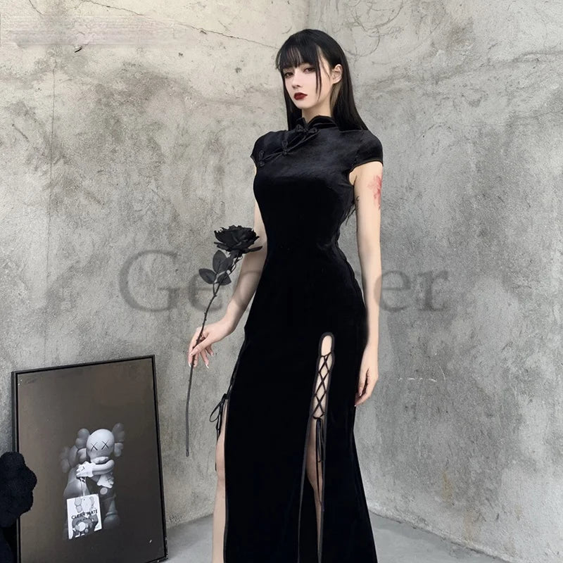 Goth Dark Romantic Gothic Velvet Aesthetic Dresses Vintage Women Black Bandage Slithem Bodycon Dress Sexy Evening Wear Cheongsam