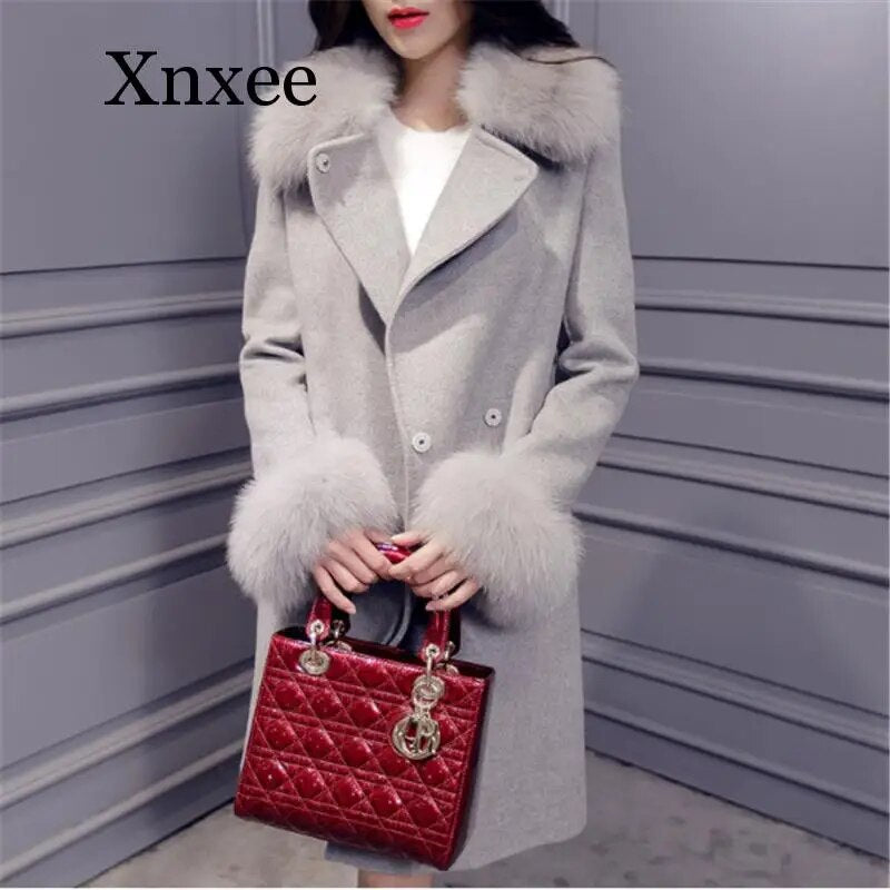 Winter Pink Elegant Jacket Ladies Elegant Gray Cashmere Jacket Belt Wool Jacket Cute Office Long Coat Fur Collar