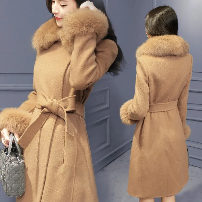 Winter Pink Elegant Jacket Ladies Elegant Gray Cashmere Jacket Belt Wool Jacket Cute Office Long Coat Fur Collar