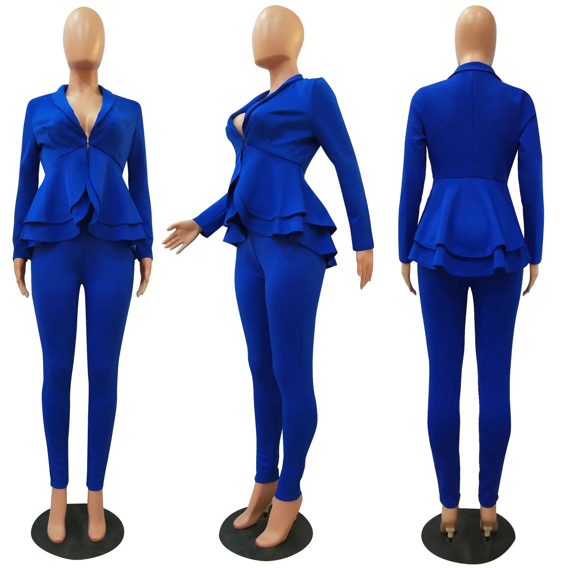 2022 Autuum Office Ladies Blue 2 Two Piece Set Top and Pants Suit Elegant Female Casual Business Matching Outfits Women Clothing