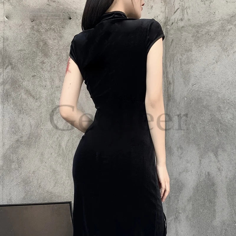 Goth Dark Romantic Gothic Velvet Aesthetic Dresses Vintage Women Black Bandage Slithem Bodycon Dress Sexy Evening Wear Cheongsam