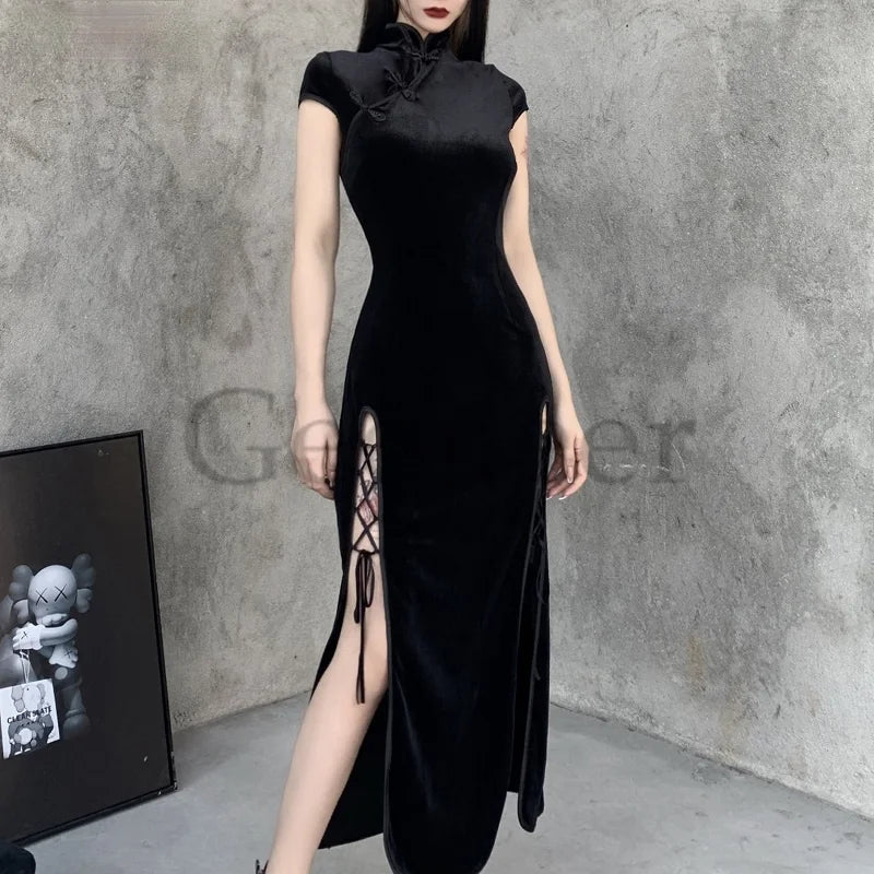 Goth Dark Romantic Gothic Velvet Aesthetic Dresses Vintage Women Black Bandage Slithem Bodycon Dress Sexy Evening Wear Cheongsam