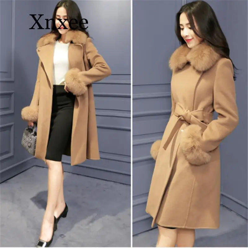 Winter Pink Elegant Jacket Ladies Elegant Gray Cashmere Jacket Belt Wool Jacket Cute Office Long Coat Fur Collar