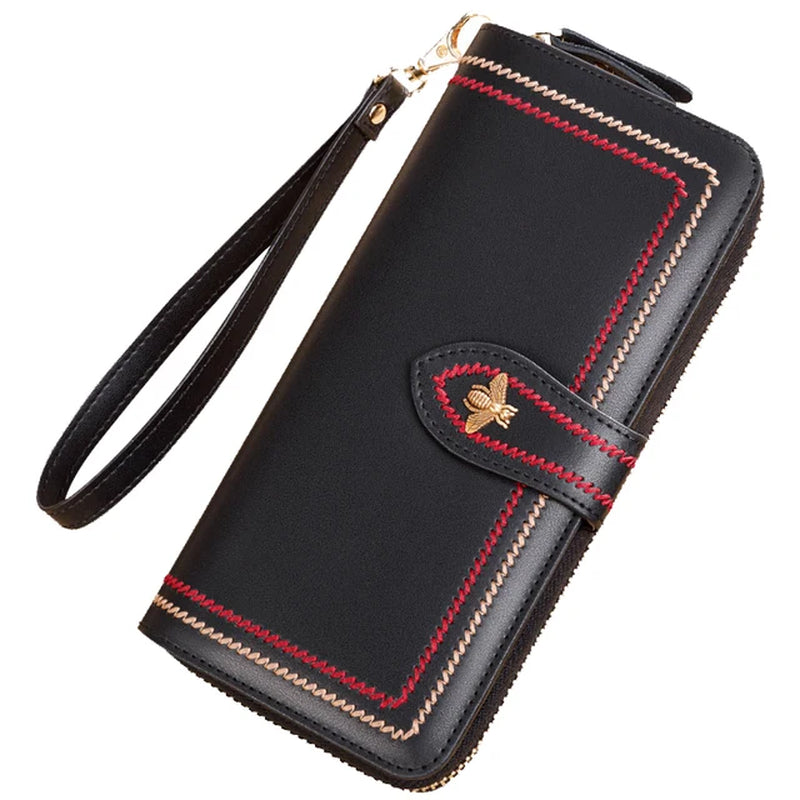 Genuine Leather Wallet Women Clutch Female Purse Long Money Bag Zipper Coin Wallet Bee Luxury Brand Wristlet Phone Hasp Wallets