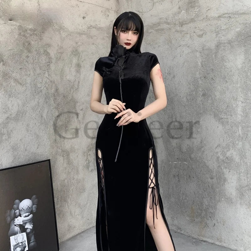 Goth Dark Romantic Gothic Velvet Aesthetic Dresses Vintage Women Black Bandage Slithem Bodycon Dress Sexy Evening Wear Cheongsam