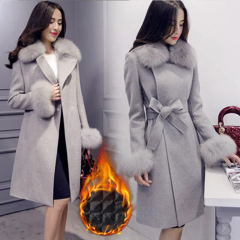 Winter Pink Elegant Jacket Ladies Elegant Gray Cashmere Jacket Belt Wool Jacket Cute Office Long Coat Fur Collar