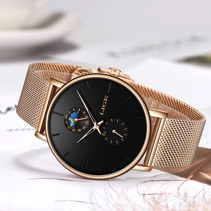 LIGE Womens Watches Top Brand Luxury Waterproof Watch Fashion Ladies Stainless Steel Ultra-Thin Casual Wrist Watch Quartz Clock